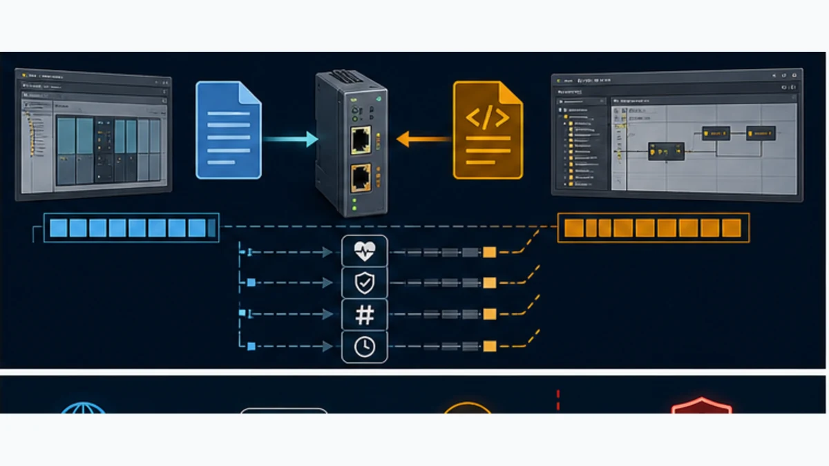 GSDML and ESI configuration artifacts feeding a versioned cyclic gateway data contract with quality heartbeat sequence and age fields