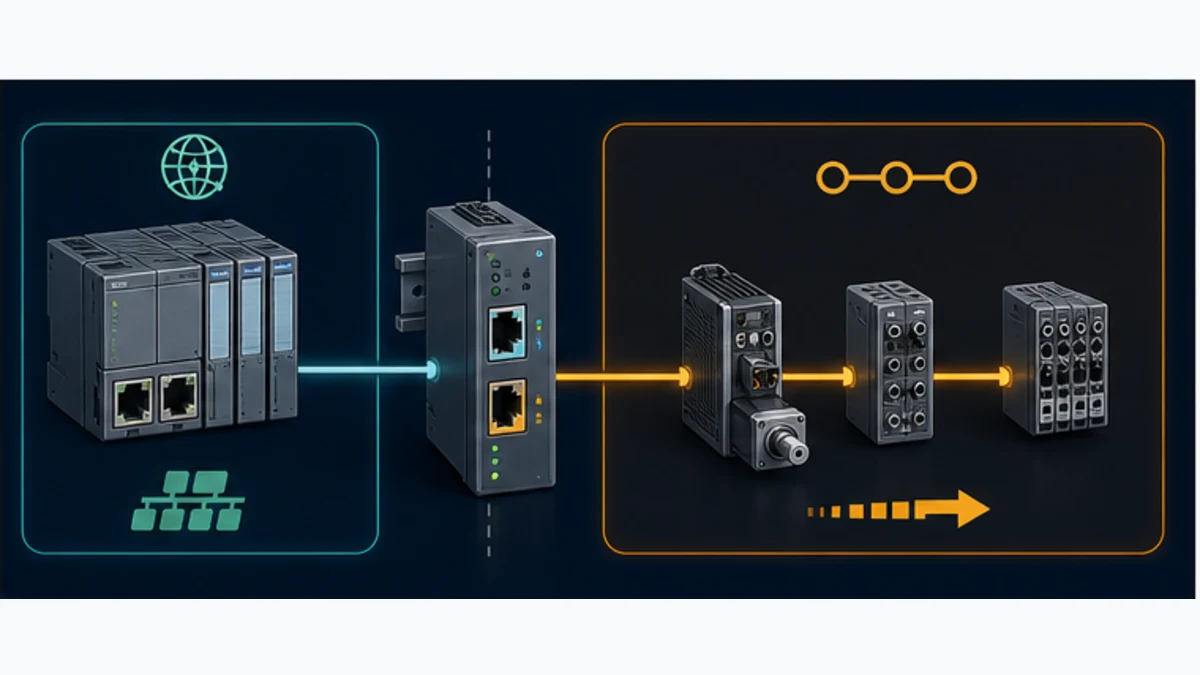 Separate PROFINET and EtherCAT network zones divided by a dual-port industrial gateway
