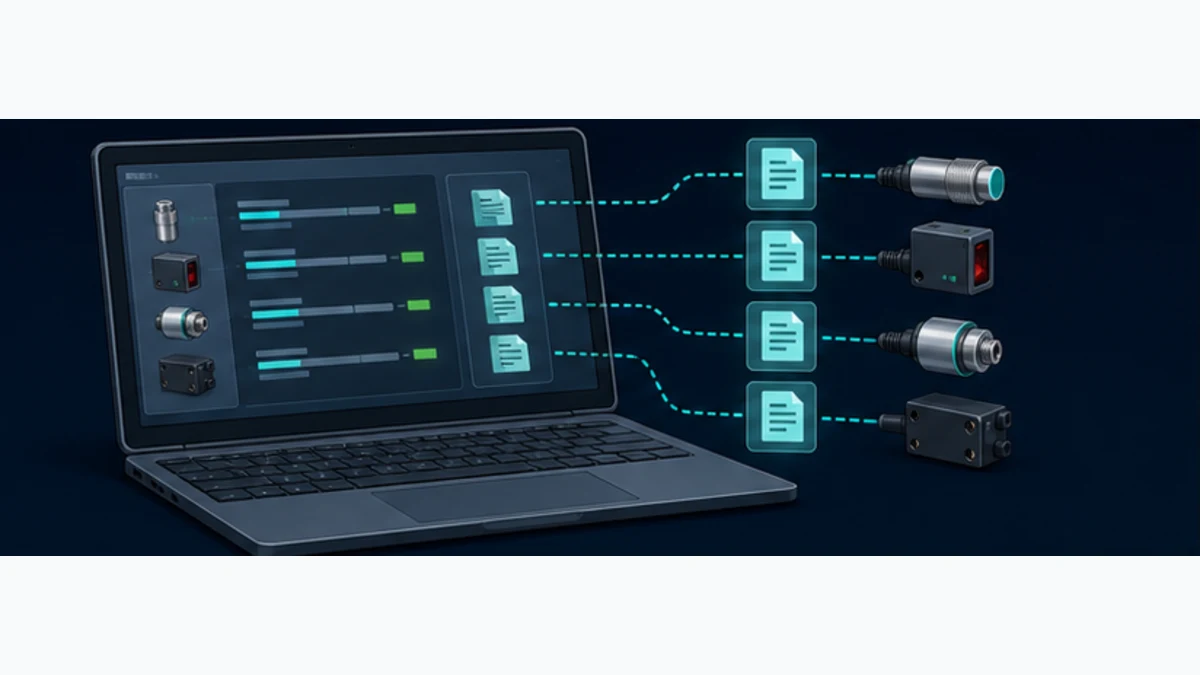 Engineering workstation matching four device-description records to four different IO-Link sensors and master ports