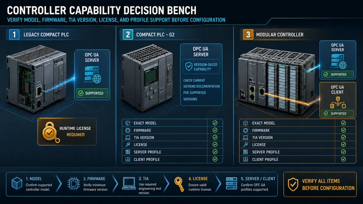 Controller capability decision bench requiring exact model firmware TIA version license and OPC UA server or client profile verification
