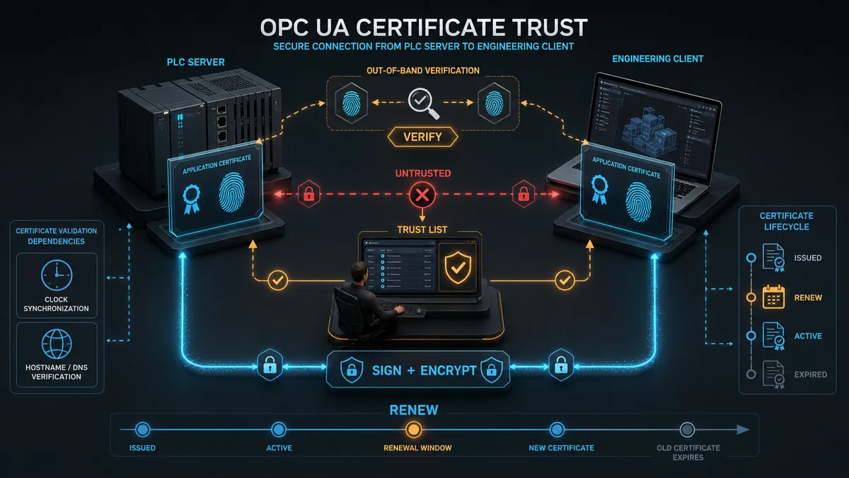 OPC UA server and client certificate trust process with rejected untrusted connection fingerprint verification secure channel and renewal timeline