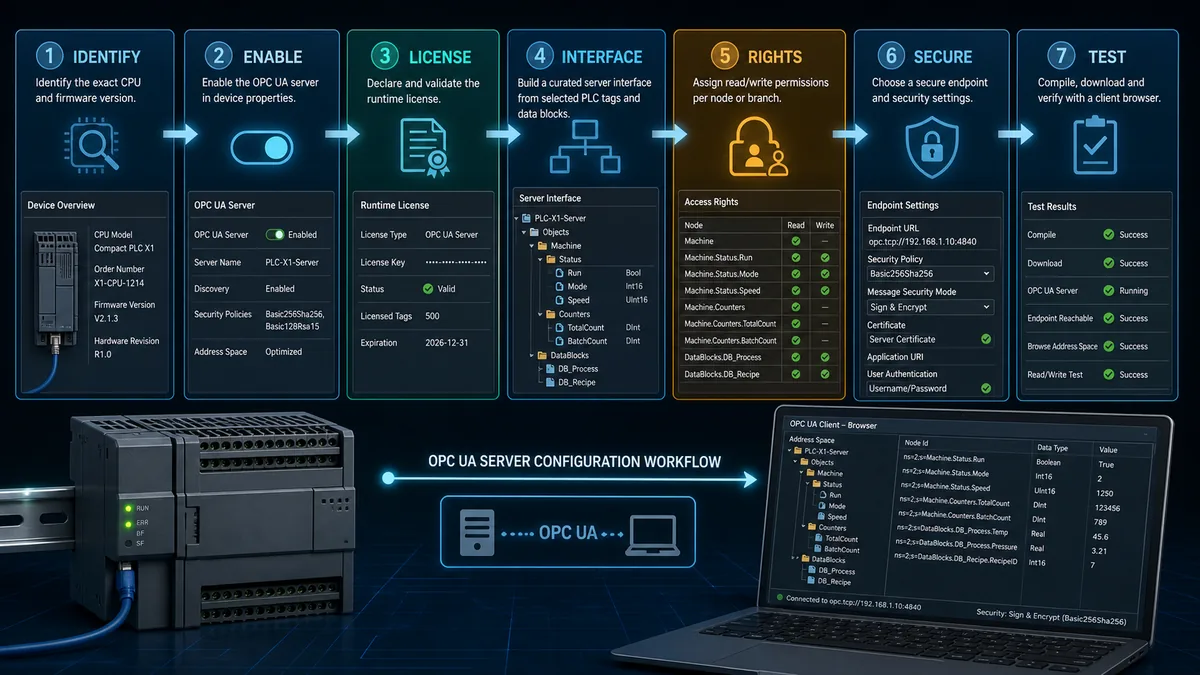 Seven-stage OPC UA server workflow from identifying the compact PLC through enabling licensing interface rights security and client testing