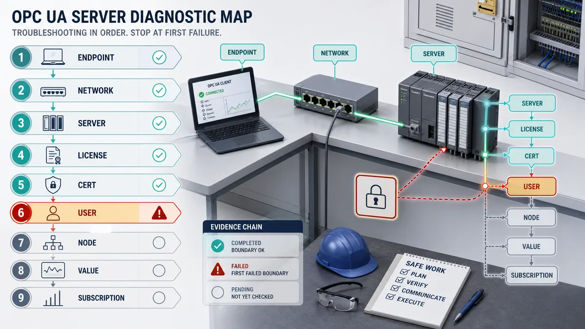 Ordered S7-1200 OPC UA troubleshooting chain from endpoint and network through server license certificate user node value and subscription evidence