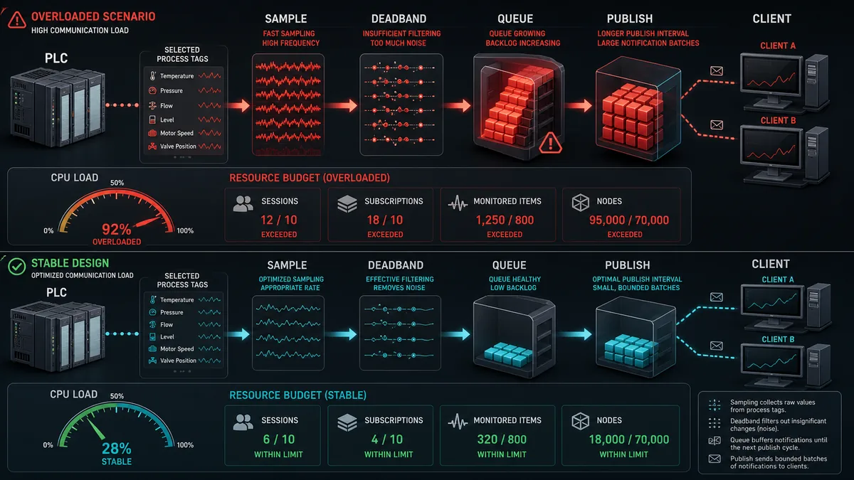 Comparison of overloaded and stable OPC UA subscription designs using sampling deadband queues publishing intervals and controller resource budgets