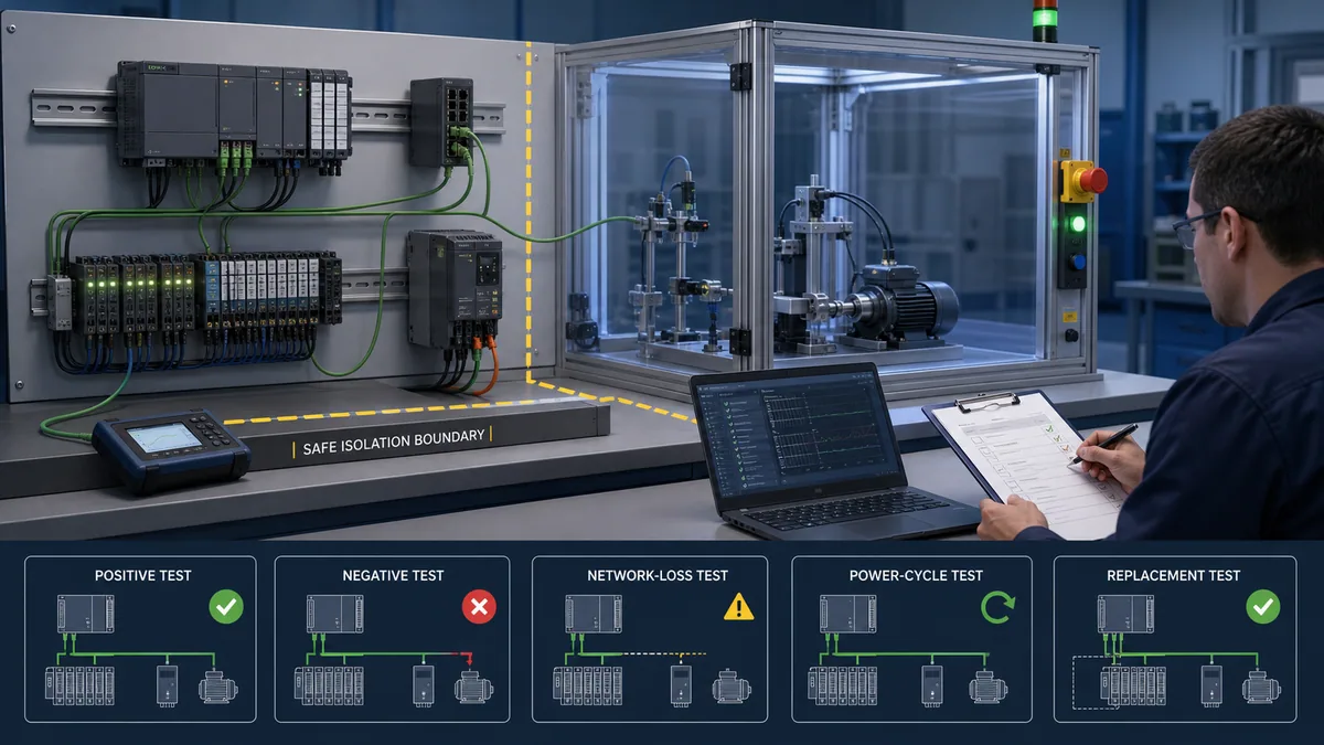 Controlled industrial test cell validating PLC IO positive negative network loss power cycle and replacement cases