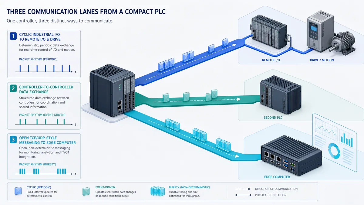 Conceptual compact PLC with separate cyclic IO, controller data exchange and open messaging communication lanes