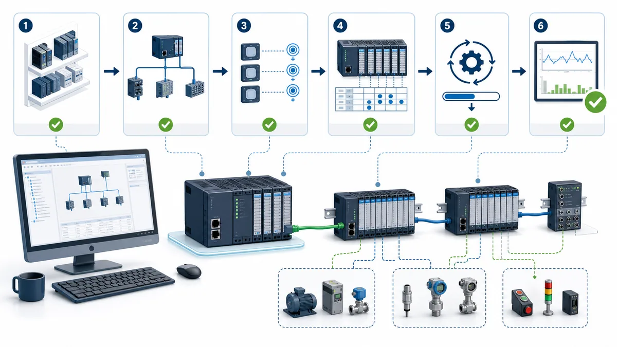 Six-stage product-neutral PLC network workflow from catalog selection through topology identity module mapping download and measured validation