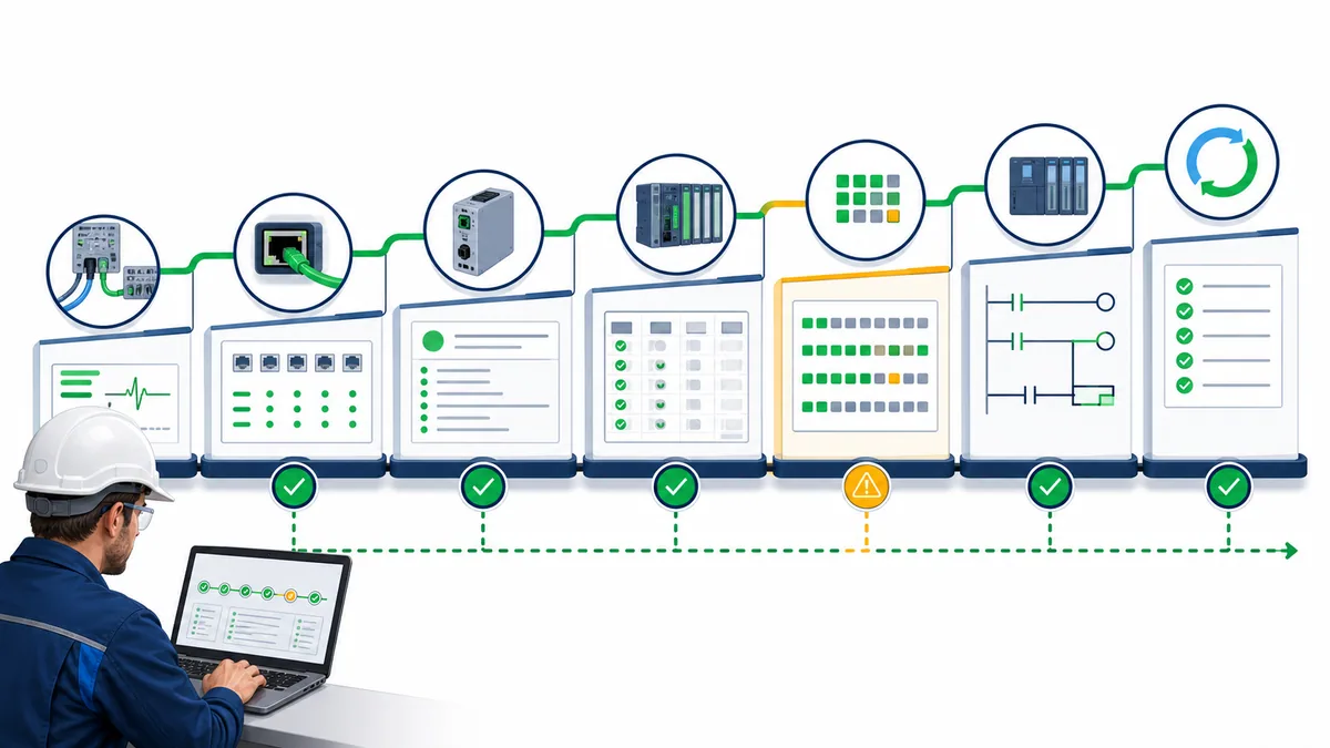 Technician tracing a PROFINET fault through power media identity module mapping cyclic status logic and recovery evidence