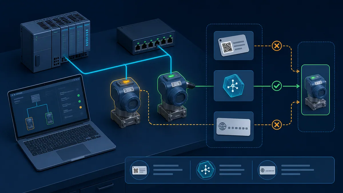 Engineering laptop correlating two similar field devices with physical label, network identity and address evidence