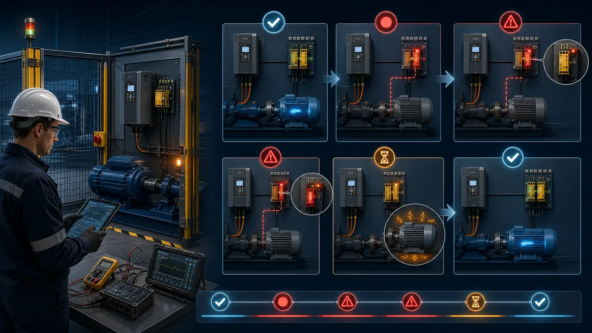 Commissioning engineer outside a guarded cell observing normal, demand, individual channel fault, coast, restart-prevention and restored STO tests