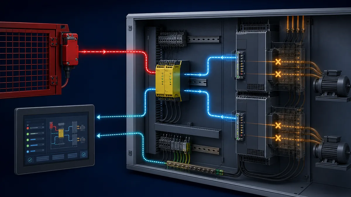Conceptual dual-channel safety paths from a guard switch through certified safety logic to drive STO inputs, with separate diagnostic feedback