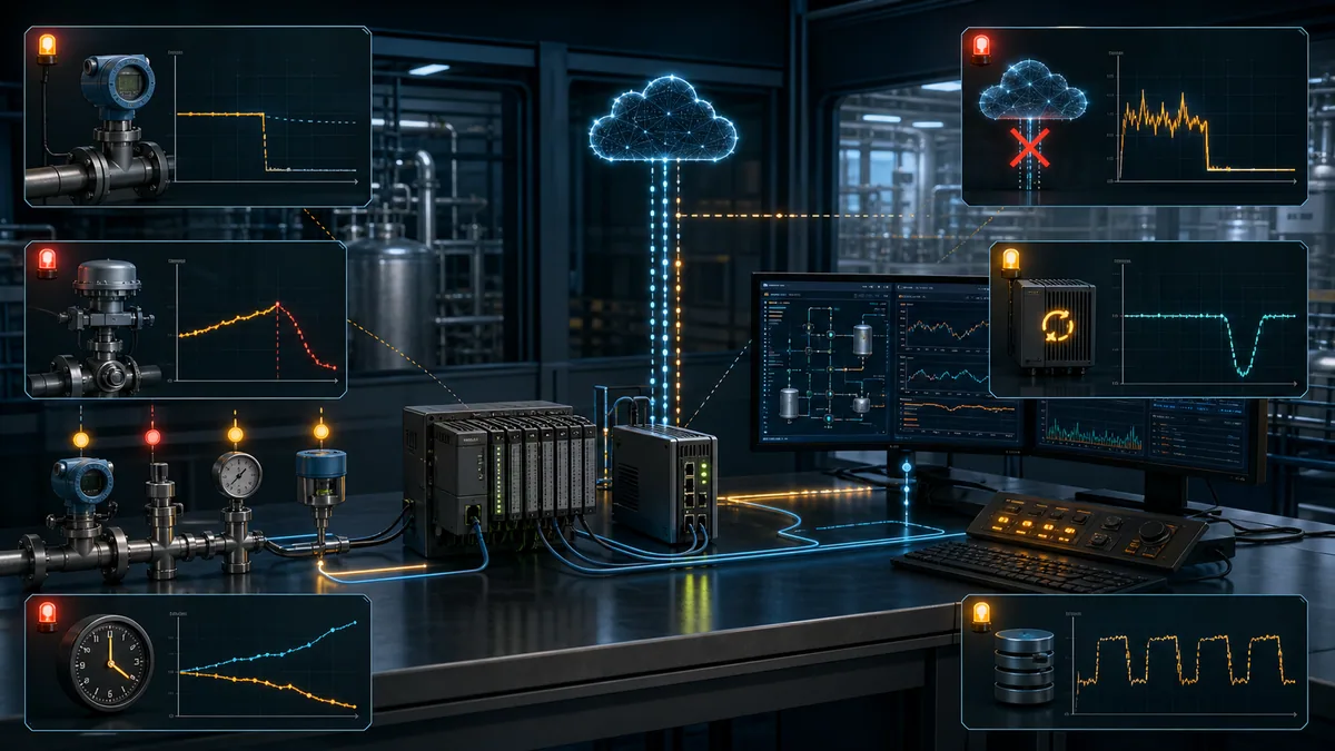 Industrial acceptance test bench showing stale sensor, communication loss, rejected command, gateway restart, time skew and replay evidence around PLC, edge, SCADA and cloud components