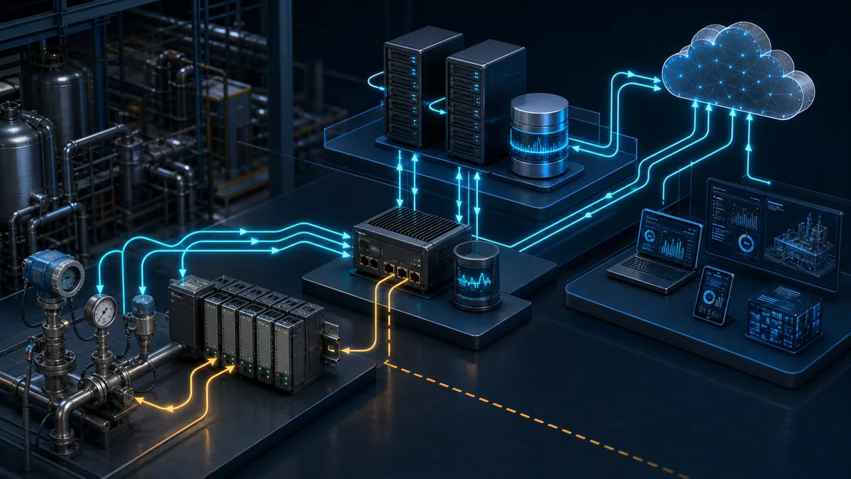 Layered SCADA IoT architecture with instruments and PLC, edge gateway, redundant local servers, historian, cloud and separate telemetry and control paths