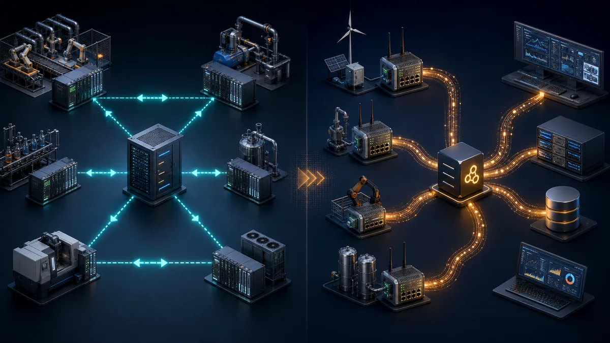 Side-by-side industrial architecture showing central polling of PLCs and event-driven edge publishers distributing data through a broker
