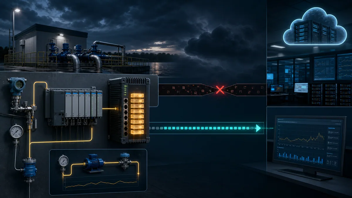 Remote pump station continuing local PLC control while an edge gateway buffers telemetry during a failed cloud link and replays it after recovery