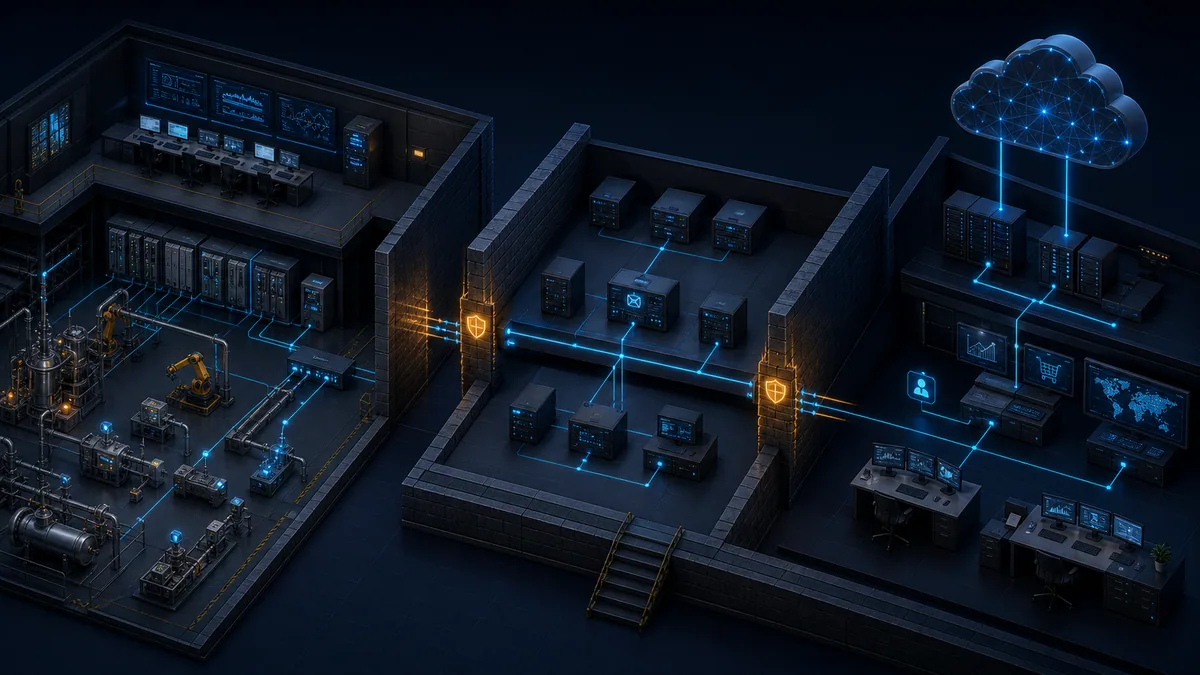 Isometric industrial network separated into control, operations, DMZ and enterprise cloud zones with firewalls and constrained telemetry conduits