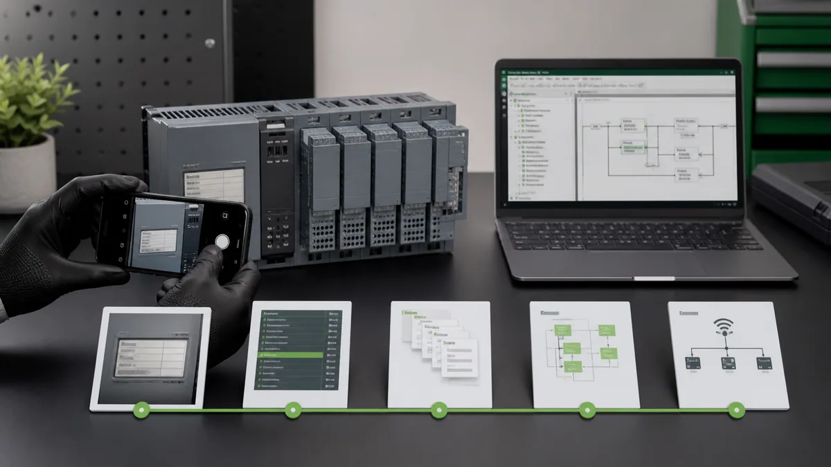 Generated editorial scene showing controller nameplate capture followed by firmware, software, project, library and communication evidence cards