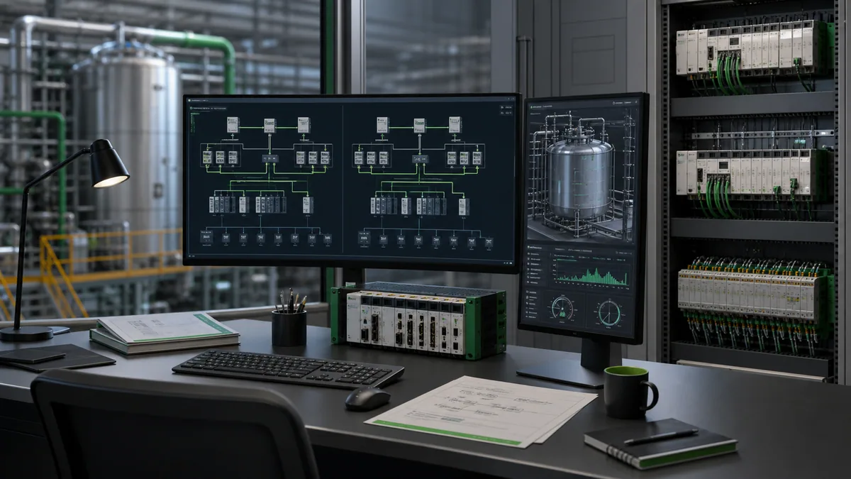 Generated editorial process-automation workstation with M340/M580-style PAC rack, process model and multi-controller engineering view