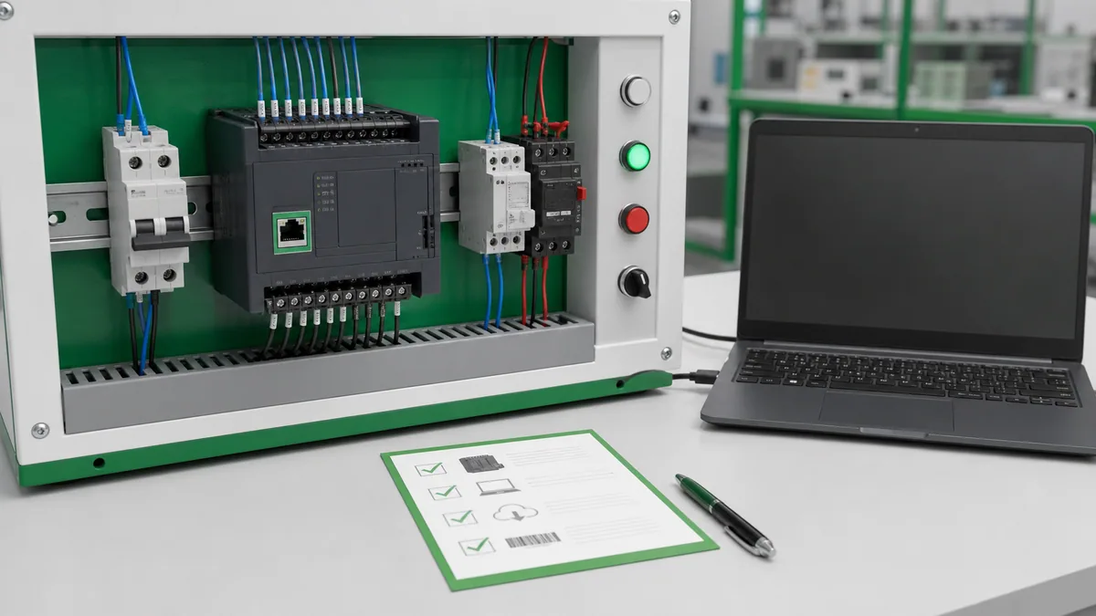 Generated editorial scene of a compact M221-style controller, isolated laptop and checklist for selecting Machine Expert Basic