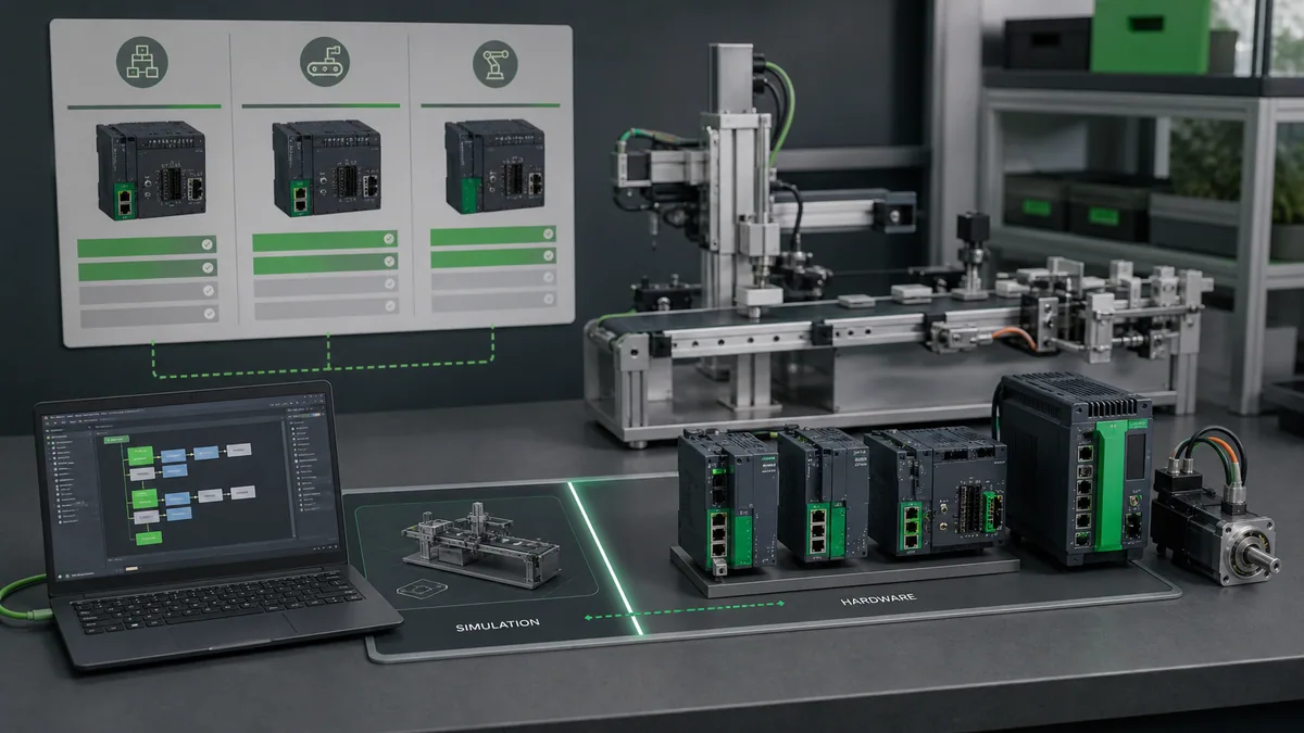 Generated editorial machine-automation lab with M2xx-style controllers, motion hardware, project workflow and a simulation-to-hardware boundary