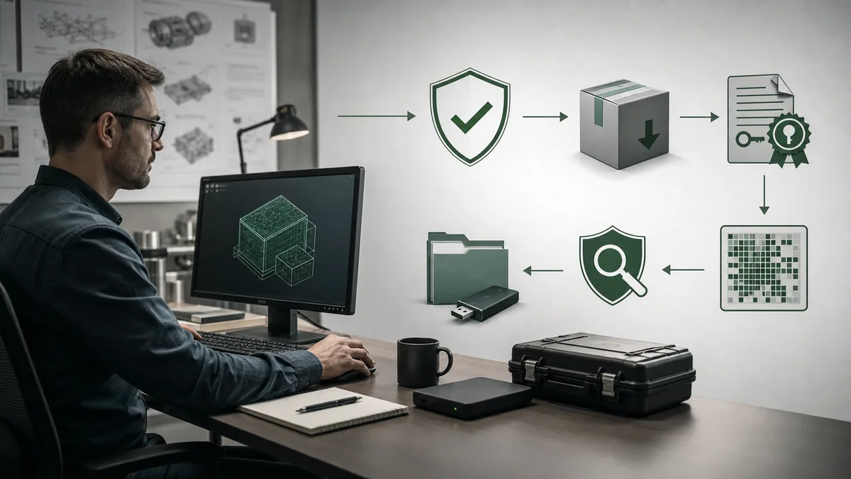 Generated editorial workflow showing official-source verification, installer integrity, security scanning, licence evidence and offline backup