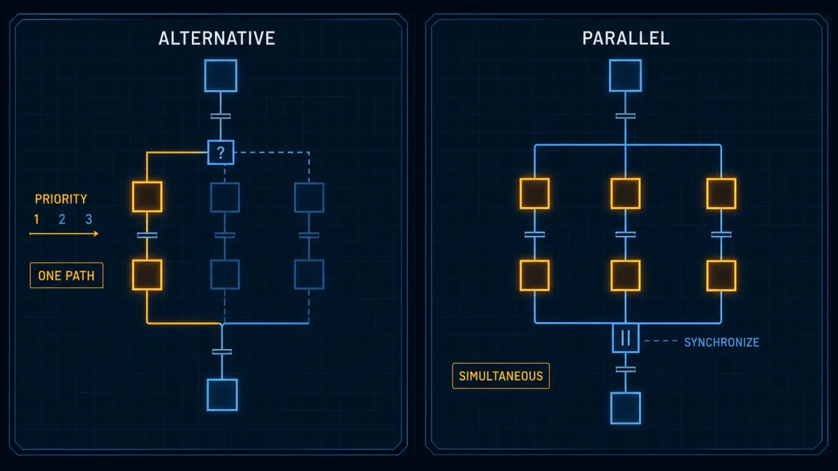 Side-by-side Sequential Function Chart alternative branch with one prioritized path and parallel branch with simultaneous paths and synchronization