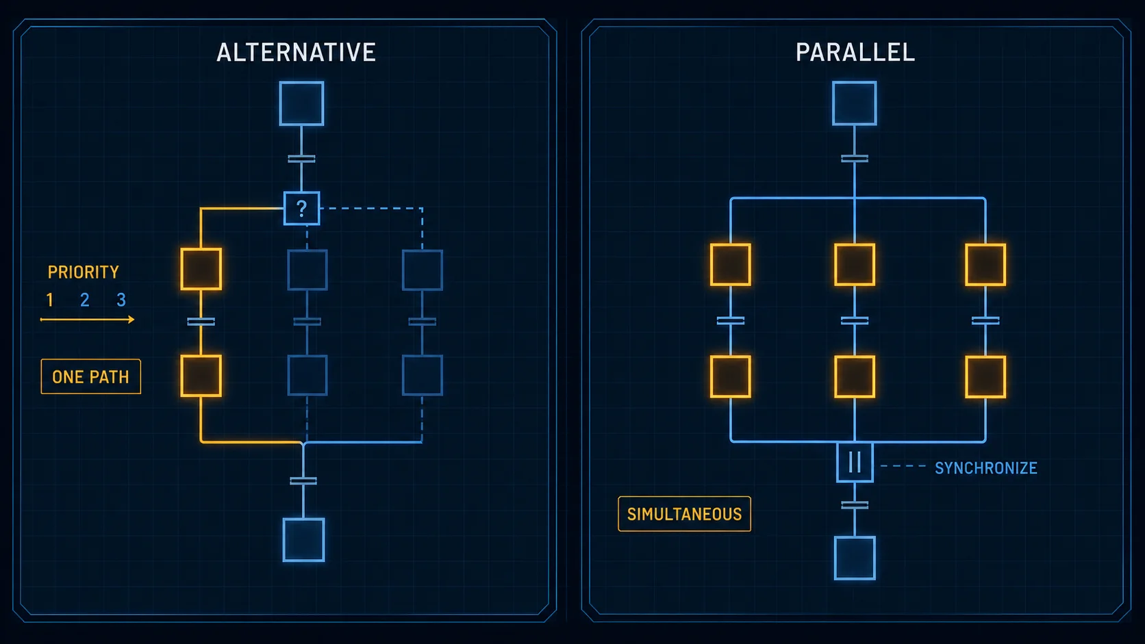 Side-by-side Sequential Function Chart alternative branch with one prioritized path and parallel branch with simultaneous paths and synchronization