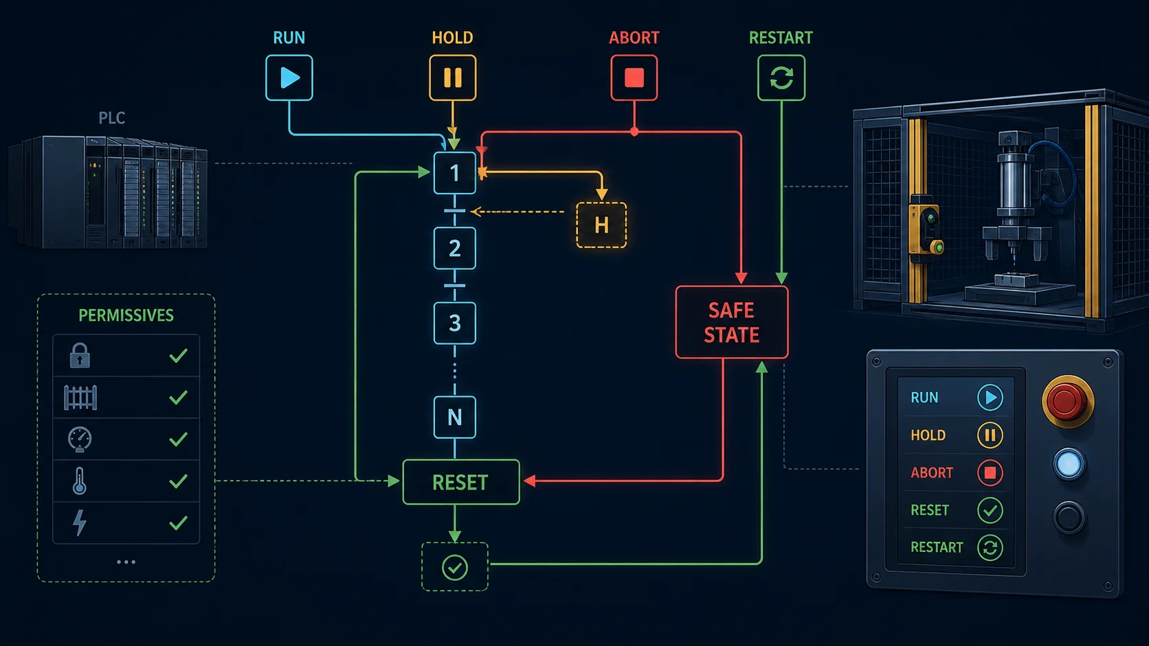 Sequential Function Chart recovery model showing run, hold, abort to safe state, reset with permissive validation and deliberate restart path
