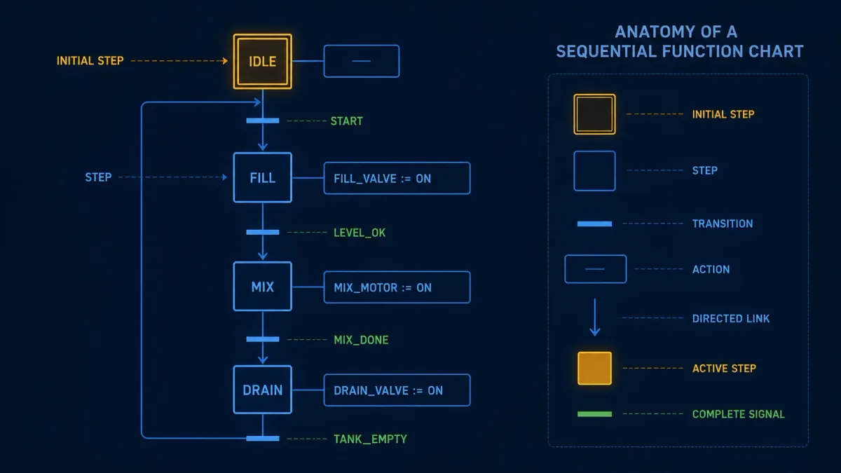 Sequential Function Chart anatomy showing initial step, normal steps, transition bars, actions and directed links for idle, fill, mix and drain