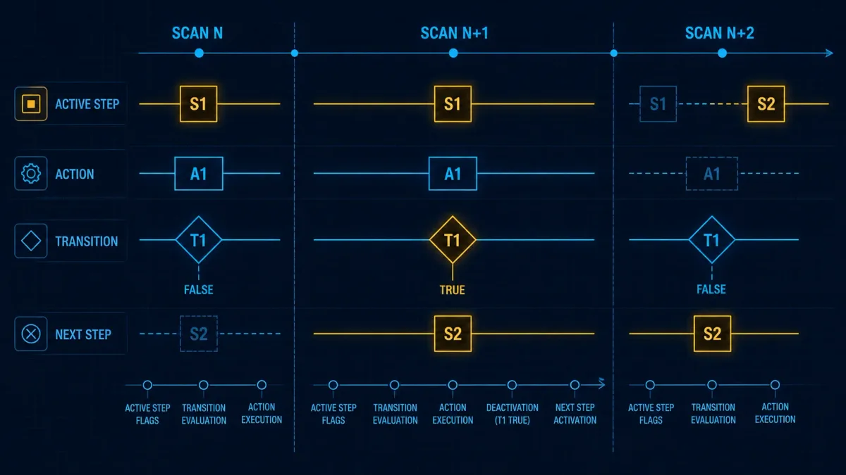 Sequential Function Chart scan timeline showing active step, action execution, transition evaluation and next-step activation across three PLC scans