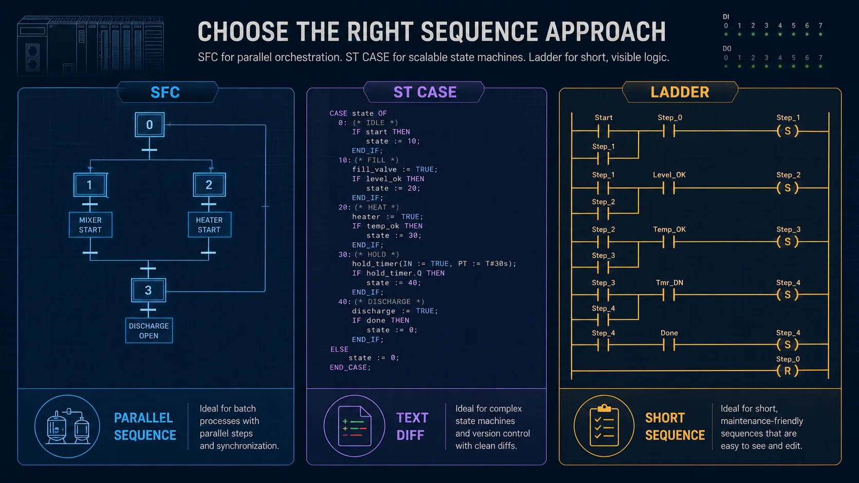 Decision guide comparing Sequential Function Chart, Structured Text CASE state machine and ladder step-bit sequence