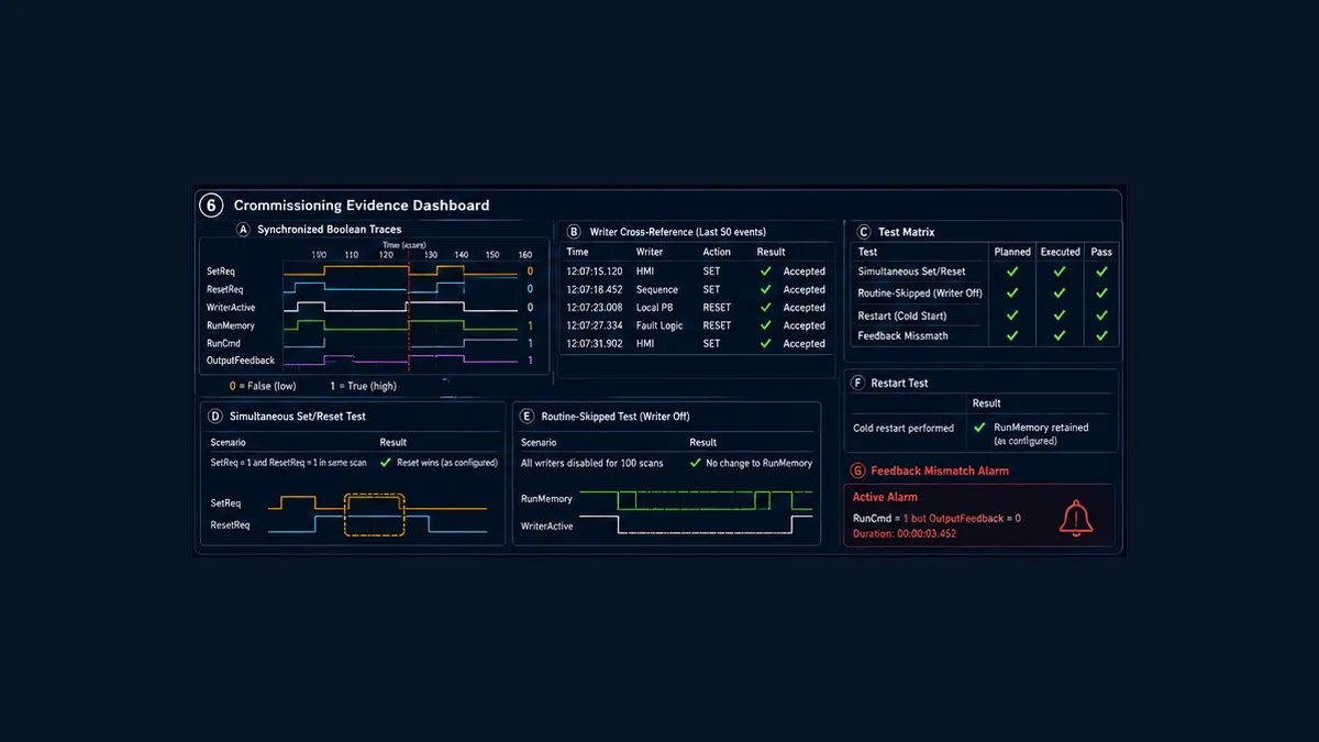 Commissioning evidence dashboard with synchronized Set Reset state command and feedback traces writer cross-reference and acceptance tests