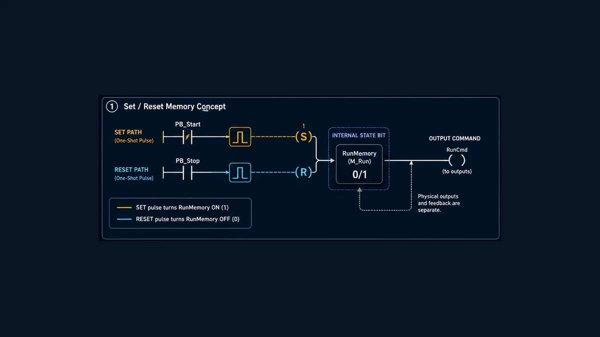 PLC Set and Reset memory concept with separate request paths writing one internal state bit and a downstream ordinary output command