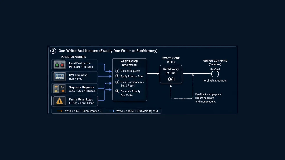 One-writer PLC state architecture collecting local HMI sequence and ordinary fault requests into arbitration before one write to RunMemory