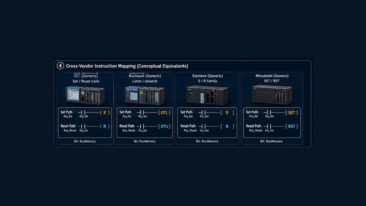 Conceptual cross-vendor mapping of IEC Set Reset coils Rockwell OTL OTU Siemens S R and Mitsubishi SET RST ladder instructions