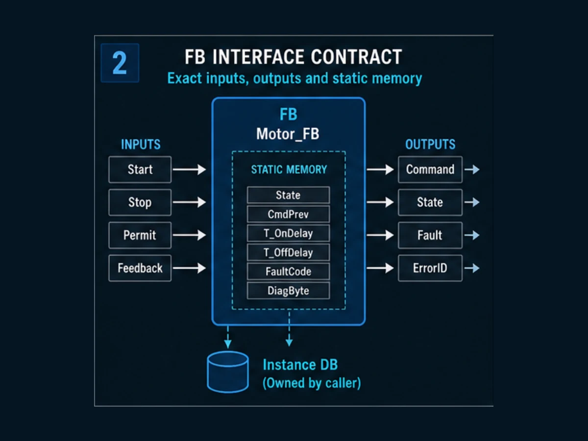 Siemens motor function block interface with command and feedback inputs, command state fault outputs, static memory and an instance data block