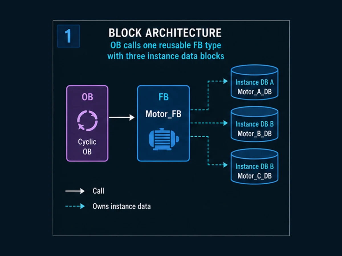 Siemens PLC architecture where a cyclic organization block calls one motor function block type through three independent instance data blocks