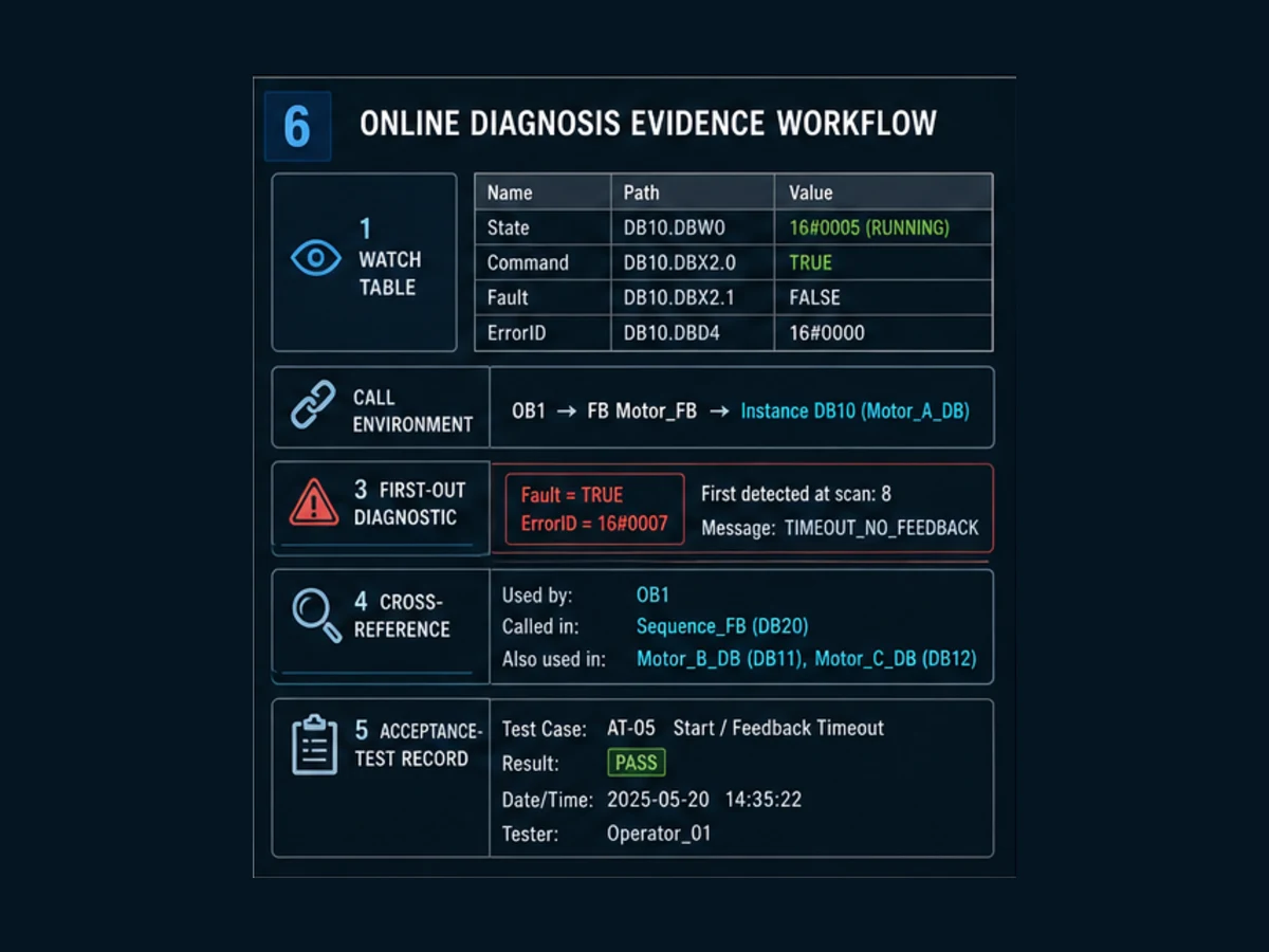 Siemens TIA Portal online function block diagnosis evidence workflow with watch table call environment instance path first-out error cross-reference and test record