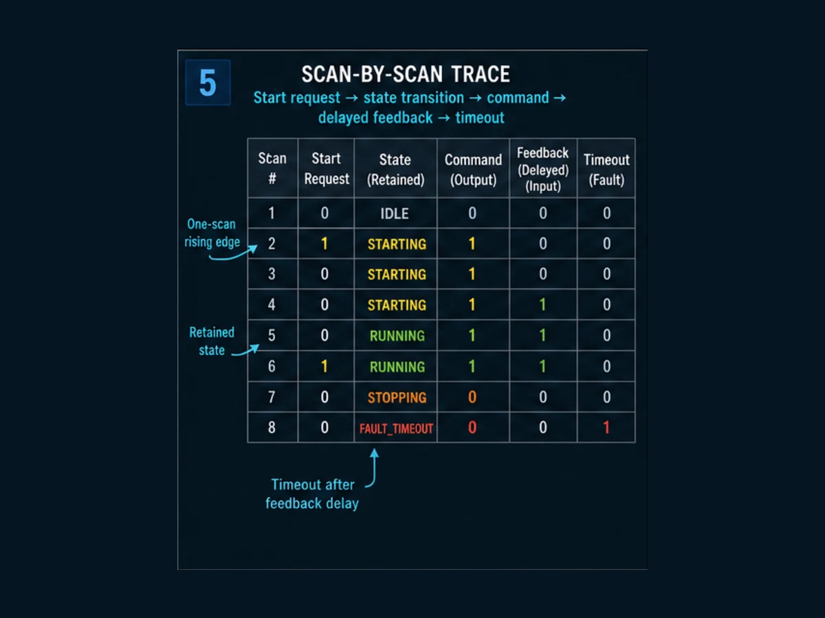 Scan-by-scan Siemens function block trace with one-scan Start edge, retained starting state, command, delayed feedback and timeout fault