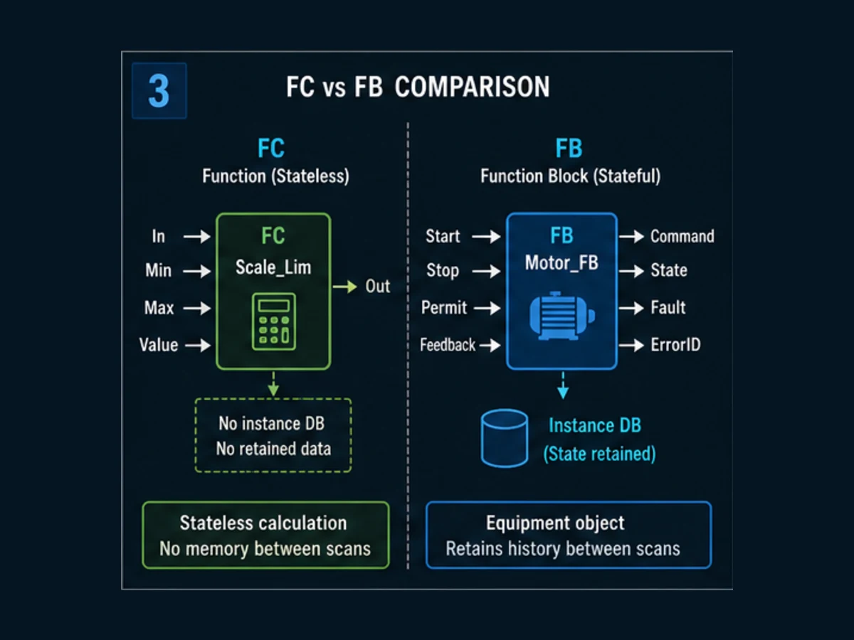 Siemens TIA Portal FC versus FB comparison showing a stateless calculation and a stateful equipment object with an instance DB