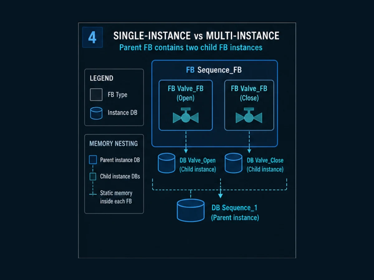 Siemens single-instance versus multi-instance architecture with two child valve FBs nested in a parent sequence FB instance DB