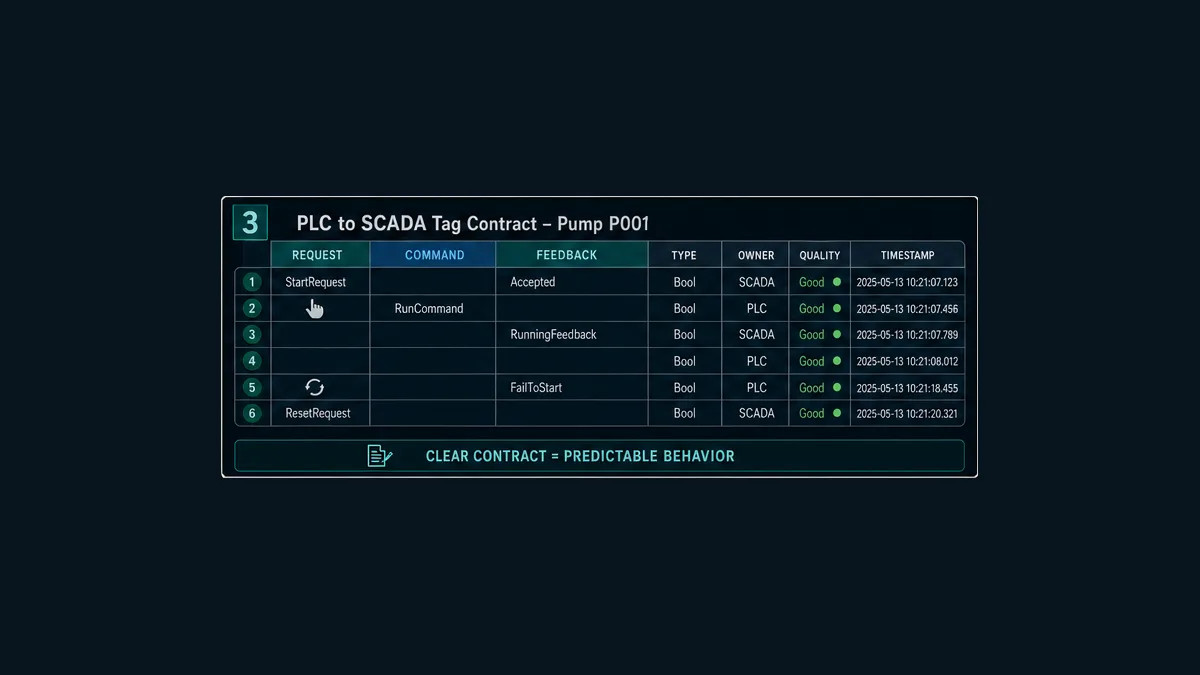 Conceptual PLC to SCADA tag contract table for pump requests command feedback types owners quality and timestamps
