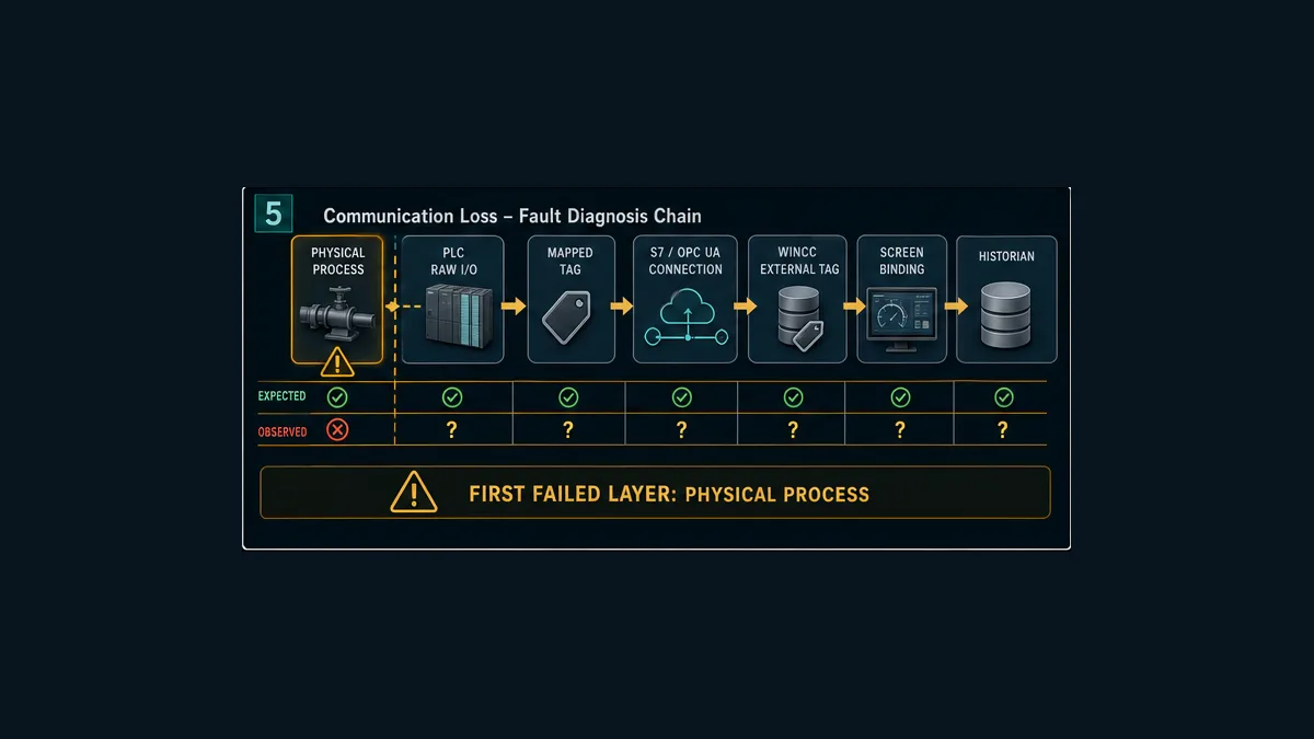Siemens PLC SCADA troubleshooting chain from physical process through PLC I O mapped tag communication external tag screen binding and historian