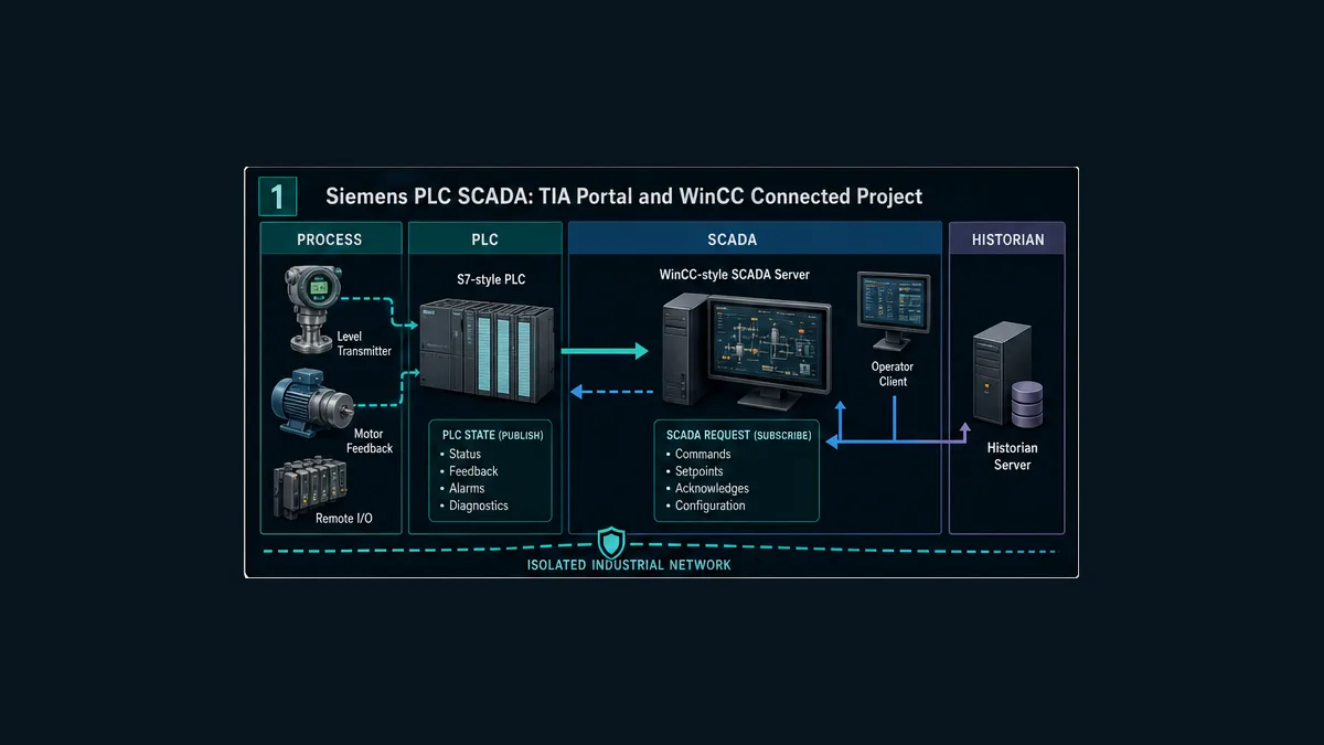 Conceptual Siemens PLC SCADA architecture with process instrumentation remote I/O S7-style PLC isolated network WinCC-style server client and historian