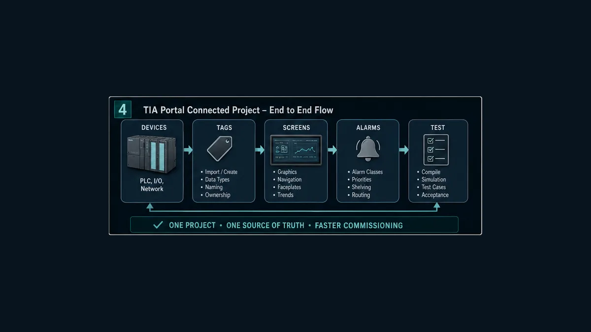 Conceptual TIA Portal connected project workflow from devices and tags through screens alarms compilation simulation and acceptance tests