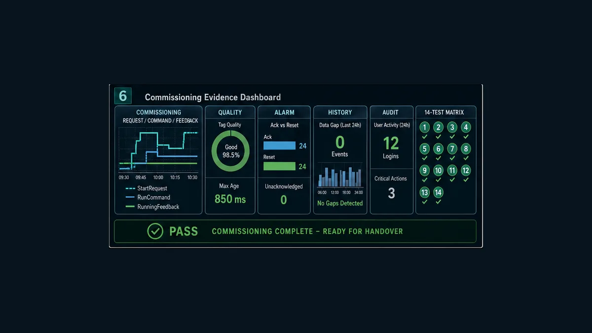 Conceptual WinCC commissioning dashboard with request command feedback quality alarm history audit and fourteen passed test indicators