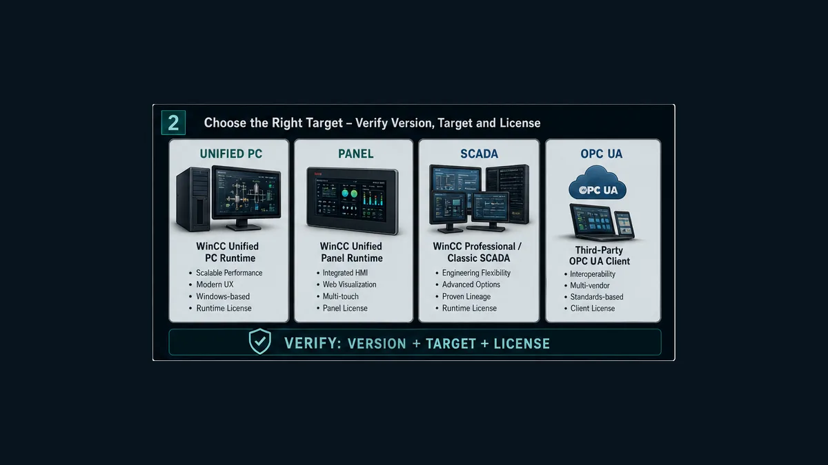 Conceptual WinCC target selection cards for Unified PC runtime panel runtime SCADA lineage and third-party OPC UA integration