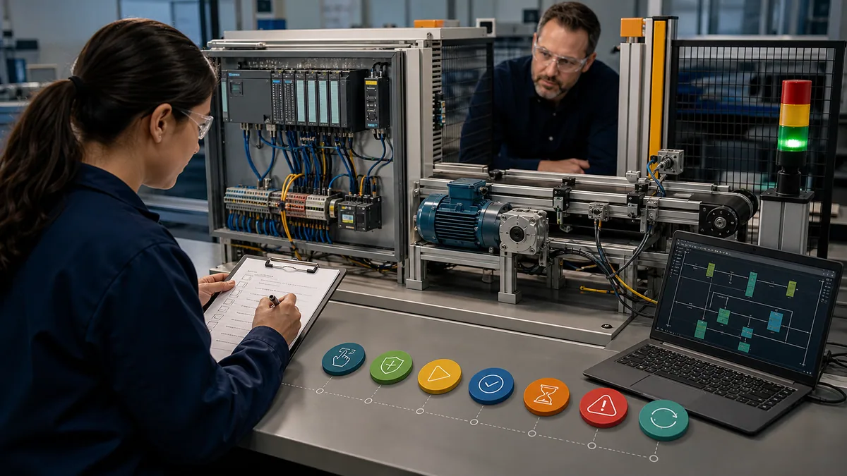Generated editorial capstone lab with a generic PLC rack, motor conveyor, request-permissive-command-feedback state model and acceptance checklist