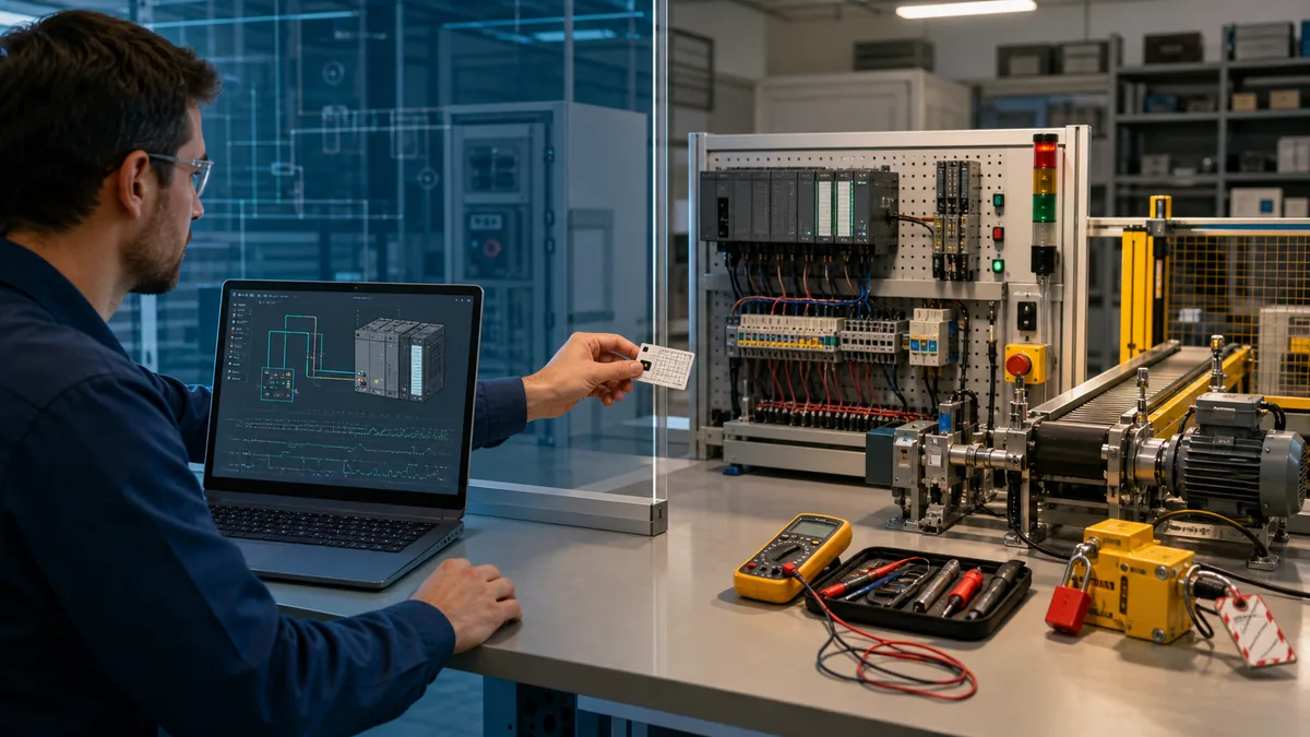 Generated editorial split-scene showing software simulation evidence on one side and supervised wiring, sensors, actuator and isolation checks on the other
