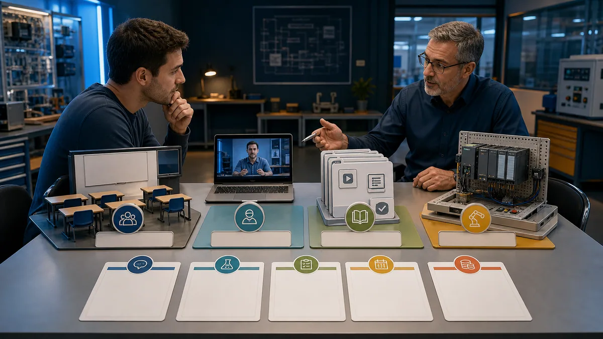 Generated editorial course-selection workshop comparing classroom, instructor-led online, self-paced and supervised hardware options against learner evidence needs